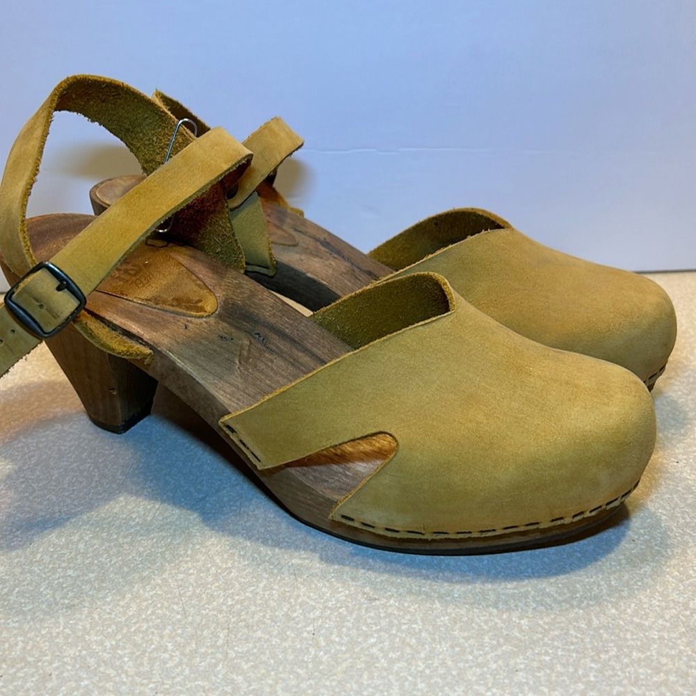 Sanita DANISH wood clog heel sandals genuine suede leather-mustard tan color